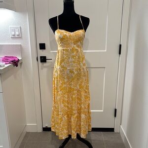 Yellow Maxi Sundress with Ruching and Spaghetti Straps for Wedding Guest